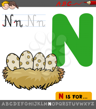 Educational Cartoon Illustration of Letter N from Alphabet with Nest for Children 