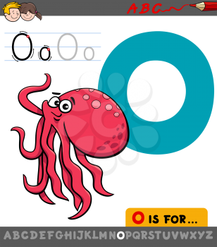 Educational Cartoon Illustration of Letter O from Alphabet with Octopus Animal Character for Children 