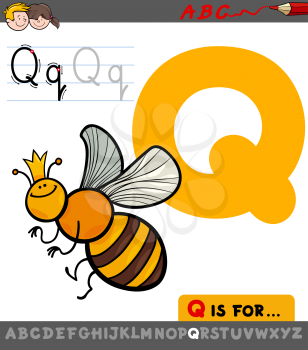 Educational Cartoon Illustration of Letter Q from Alphabet with Queen Bee Insect Character for Children 