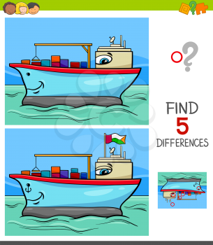 Cartoon Illustration of Finding Five Differences Between Pictures Educational Game for Children with Container Ship