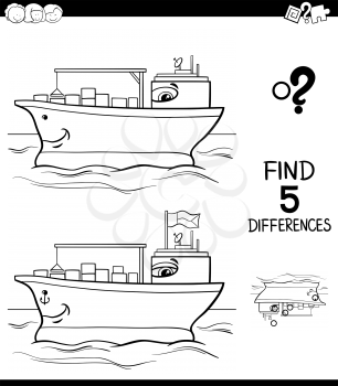 Black and White Cartoon Illustration of Finding Five Differences Between Pictures Educational Game for Children with Container Ship Coloring Book