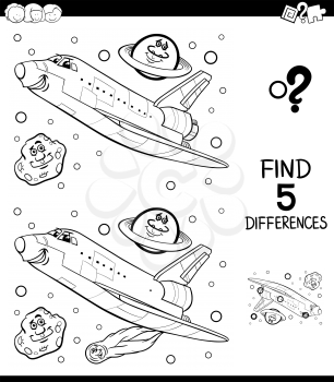 Black and White Cartoon Illustration of Finding Five Differences Between Pictures Educational Game for Children with Space Shuttle Coloring Book