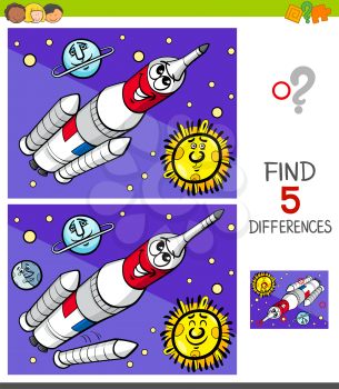 Cartoon Illustration of Finding Five Differences Between Pictures Educational Game for Children with Space Rocket
