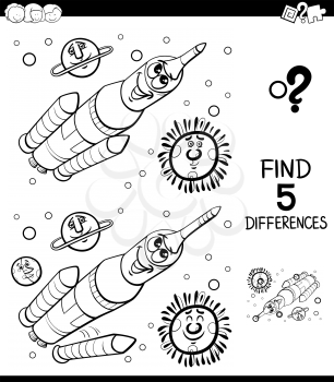 Black and White Cartoon Illustration of Finding Five Differences Between Pictures Educational Game for Children with Space Rocket Coloring Book