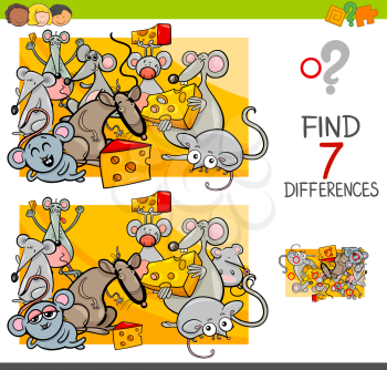 Cartoon Illustration of Finding Seven Differences Between Pictures Educational Activity Game for Kids with Mice Animal Characters Group