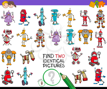 Cartoon Illustration of Finding Two Identical Pictures Educational Activity Game for Children with Robot Fantasy Characters
