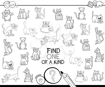 Black and White Cartoon Illustration of Find One of a Kind Picture Educational Activity Game for Children with Cats and Kittens Animal Characters Coloring Book