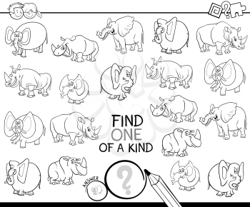 Black and White Cartoon Illustration of Find One of a Kind Picture Educational Activity Game for Children with Elephant and Rhino Characters Coloring Book