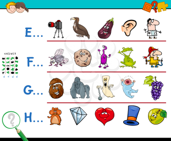 Cartoon Illustration of Finding Pictures Starting with Referred Letter Educational Game Worksheet for Preschool or School Kids