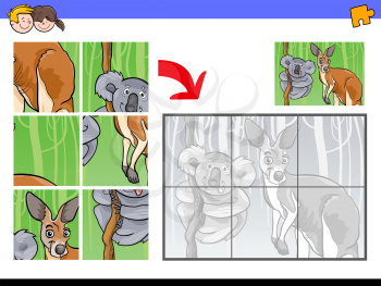 Cartoon Illustration of Educational Jigsaw Puzzle Activity Game for Children with Koala and Kangaroo Animal Characters