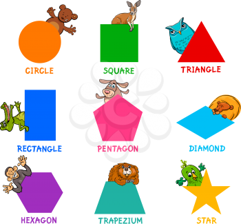 Educational Cartoon Illustration of Basic Geometric Shapes with Captions and Animal Characters for Children