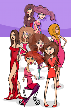 Cartoon Illustration of Beautiful Young Women Characters Group