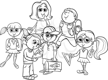 Black and White Cartoon Illustration of Elementary School Students or Pupils Characters Group Coloring Book