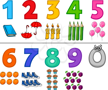 Cartoon Illustration of Numbers Set from One to Nine with Objects