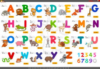 Cartoon Illustration of Capital Letters Alphabet Set with Animal Characters for Reading and Writing Education for Children