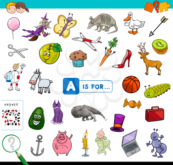 Cartoon Illustration of Finding Picture Starting with Letter A Educational Game Workbook for Children