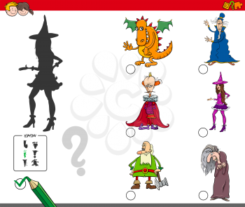Cartoon Illustration of Finding the Shadow without Differences Educational Activity for Children with Fairy Tale Characters