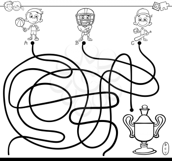 Black and White Cartoon Illustration of Paths or Maze Puzzle Activity Game with Kid Boy and Sports Coloring Book