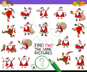 Cartoon Illustration of Finding Two Identical Pictures Educational Activity Game for Children with Santa Claus Characters