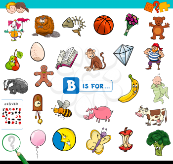 Cartoon Illustration of Finding Picture Starting with Letter B Educational Game Workbook for Children