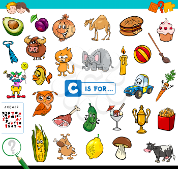 Cartoon Illustration of Finding Picture Starting with Letter C Educational Game Workbook for Children