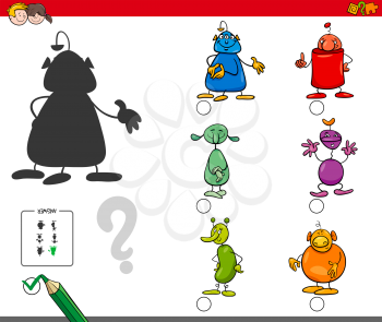 Cartoon Illustration of Finding the Shadow without Differences Educational Activity for Children with Fantasy Alien Characters