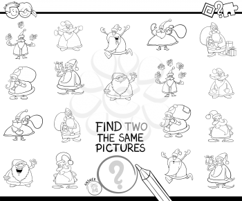 Black and White Cartoon Illustration of Finding Two Identical Pictures Educational Activity Game for Children with Santa Claus Characters Coloring Book
