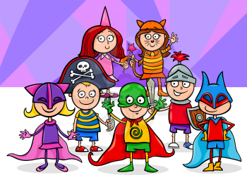 Cartoon Illustration of Elementary Age Children Characters at the Mask Ball