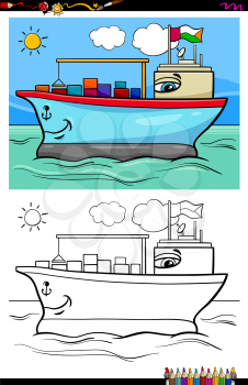 Cartoon Illustration of Funny Container Ship Character on the Sea Coloring Book Activity