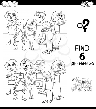 Black and White Cartoon Illustration of Finding Six Differences Between Pictures Educational Game for Children with Kids or Teens Group Coloring Book