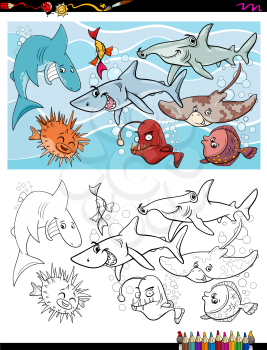 Cartoon Illustration of Fish Marine Life Animal Characters Group Coloring Book Activity