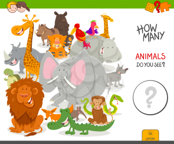 Cartoon Illustration of Educational Counting Activity Game for Children with Cute Wild Animal Characters