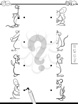 Black and White Cartoon Illustration of Educational Game of Matching Halves of Mice Animal Characters Coloring Book