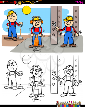 Cartoon Illustration of Manual Workers or Builders Characters Group at Work Coloring Book Activity