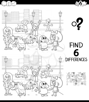 Black and White Cartoon Illustration of Finding Six Differences Between Pictures Educational Game for Children with Happy Kids with their Dogs Characters Group Coloring Book