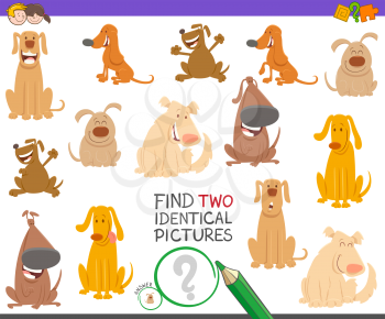 Cartoon Illustration of Finding Two Identical Pictures Educational Game for Children with Funny Dogs and Puppies Characters