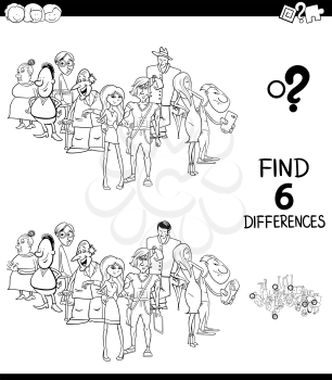 Black and White Cartoon Illustration of Finding Six Differences Between Pictures Educational Game for Children with People Group Coloring Book