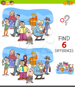 Cartoon Illustration of Finding Six Differences Between Pictures Educational Task for Children with People Group