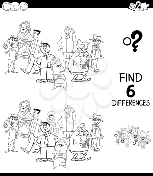 Black and White Cartoon Illustration of Finding Six Differences Between Pictures Educational Task for Children with People Group Coloring Book