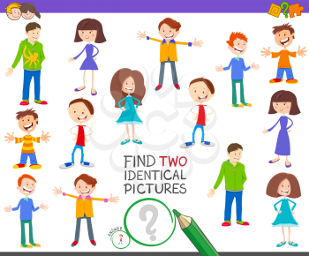 Cartoon Illustration of Finding Two Identical Pictures Educational Activity Game for Children with Happy Kids and Teen Characters