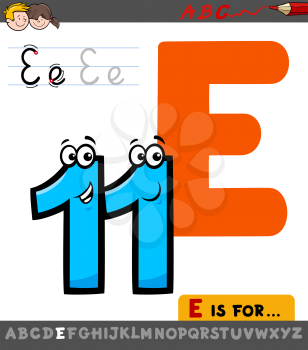 Educational Cartoon Illustration of Letter E from Alphabet with Eleven Number for Children 