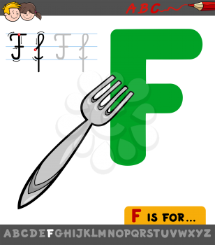 Educational Cartoon Illustration of Letter F from Alphabet with Fork for Children 