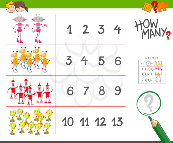 Cartoon Illustration of Educational Counting Task for Children with Funny Robots Characters