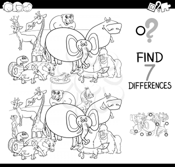 Black and White Cartoon Illustration of Finding Seven Differences Between Pictures Educational Activity Game for Children with Wild Animals Characters Group Coloring Book