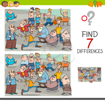 Cartoon Illustration of Finding Seven Differences Between Pictures Educational Activity Game for Children with People Characters Group