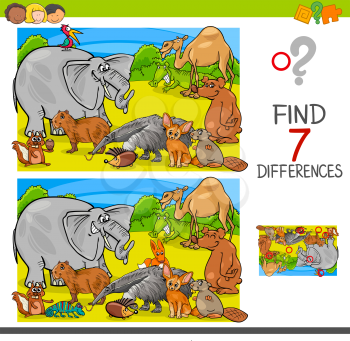 Cartoon Illustration of Finding Seven Differences Between Pictures Educational Activity Game for Children with Animal Characters Group