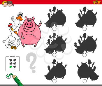 Cartoon Illustration of Finding the Shadow without Differences Educational Activity for Children with Farm Animal Characters Group