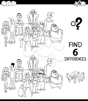 Black and White Cartoon Illustration of Finding Six Differences Between Pictures Educational Task for Children with People Characters Group Coloring Book