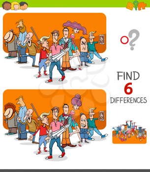 Cartoon Illustration of Finding Six Differences Between Pictures Educational Game for Children with People Characters Group