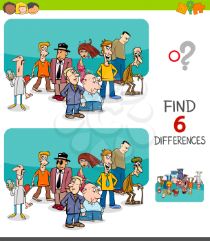 Cartoon Illustration of Finding Six Differences Between Pictures Educational Game for Kids with People Characters Group